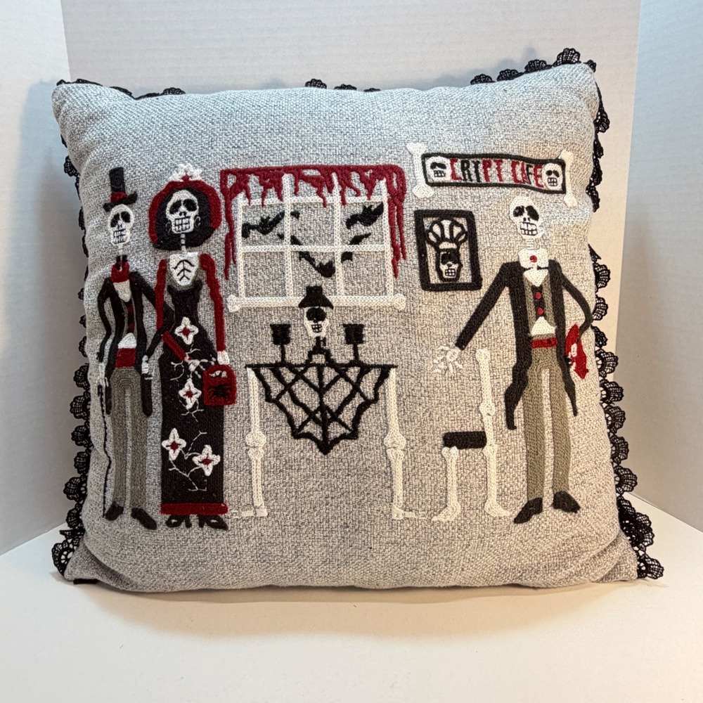 Halloween Decorative Pillow 16" Gray Embroidered Crypt Cafe Skeletons Spooky